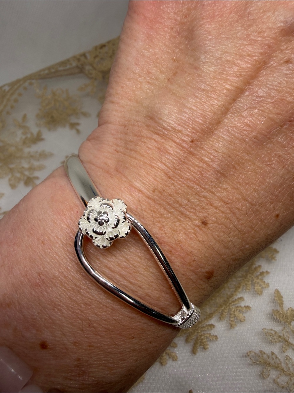 925 Sterling Silver Floral Hook Bangle Grannycore Chic Botanical Nature inspired